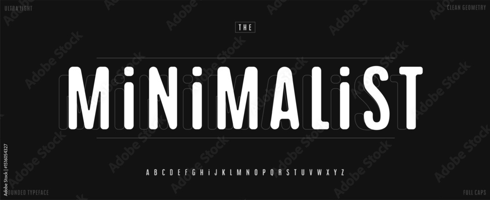 Aufkleber Minimal rounded alphabet, modern smooth tall font with clean geometry. Soft geometric typeset for fashion logo branding, UI design, bright headline, modern typography project. Vector typeset.