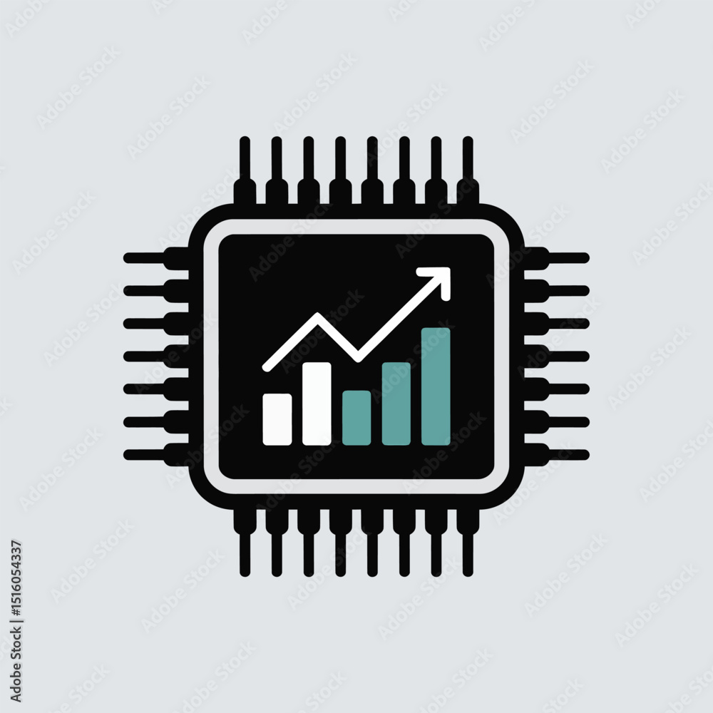 Poster abstract vector depiction of a microchip with a statistical growth graph representing technological 