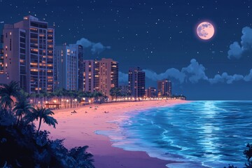 A nighttime city beach scene,anime or manga style. High-rise buildings line the shore, illuminated with soft, warm lights. The beach is a pale, sandy color, A moon hangs in the night sky