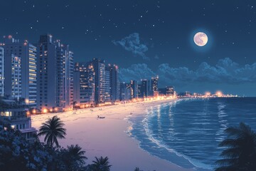 A nighttime city beach scene,anime or manga style. High-rise buildings line the shore, illuminated with soft, warm lights. The beach is a pale, sandy color, A moon hangs in the night sky