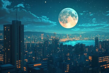 A nighttime city scene, anime or manga style. High-rise buildings, illuminated with soft, warm lights.A large moon hangs in the night sky