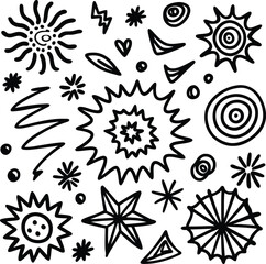 Collection of hand drawn black and white abstract shapes and symbols