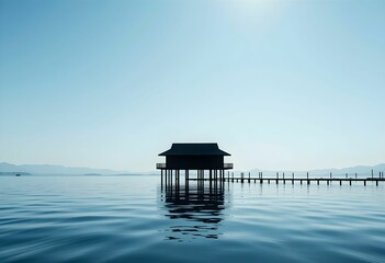 solitary stilt house on water with long pier
