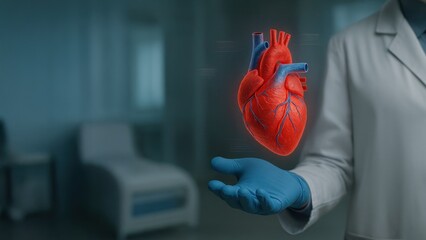 Male doctor in lab coat and gloves holds a glowing 3D heart, using future health tech, Doctor Using Holography, holographic medical interface, holographic medical organs