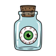 Eyeball preserved in glass jar with cork stopper and details  