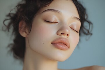 a young women with a serene expression and closed eyes. calm, serene, an showcasing the beauty and perfection ,  contemporary and designed for a beauty or skincare  