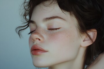 a young women with a serene expression and closed eyes. calm, serene, an showcasing the beauty and perfection ,  contemporary and designed for a beauty or skincare  