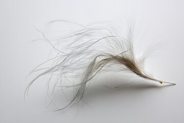 a broken synthetic hair fiber array, nano-filament strands snapping midair, hovering cleanly against pure