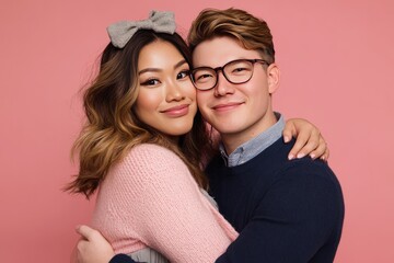 A trans women and a man, embracing each other , focus is on their loving embrace.. warm and affectionate
