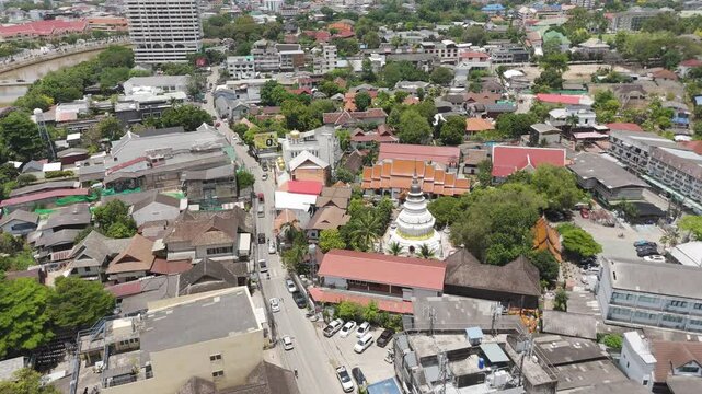 Panoramic Aerial View Of Wat Ket Karam Buddhist Temple In Chiang Mai, Thailand.