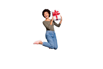 Full length photo of funny dreamy emotions expression afro american girl jump get dream package anniversary 14-february scream shocked amazed wear casual style outfit isolated blue color background