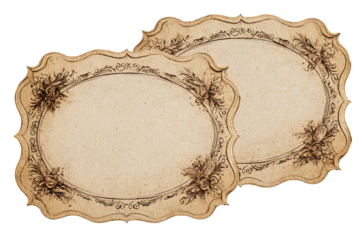 Two Vintage Beige Tags with Ornate Floral Borders, PNG