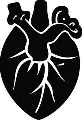 Stylized black and white illustration of a human heart with detailed internal structures
