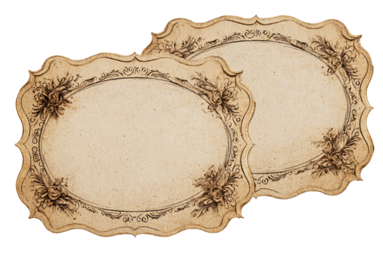Two Vintage Beige Tags with Ornate Floral Borders, PNG