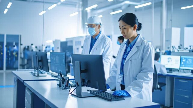 Scientists in lab coats work at computers in a modern, high-tech laboratory filled with advanced equipment and digital screens.