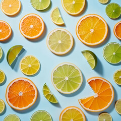 Floating citrus slices (orange, lemon, lime) evenly spaced on a light blue background with soft shadows.