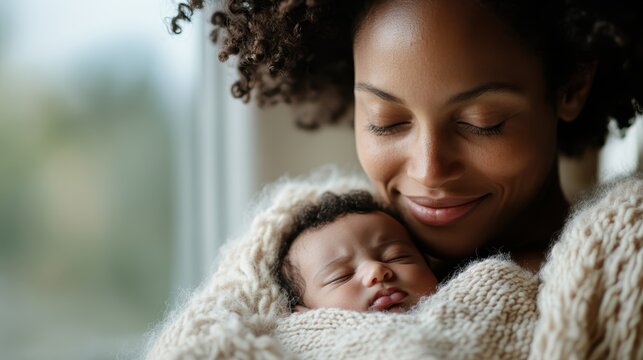 A heartwarming scene capturing a mother lovingly embracing her sleeping baby, filled with warmth, tenderness, and the inseparable bond of family and motherhood.