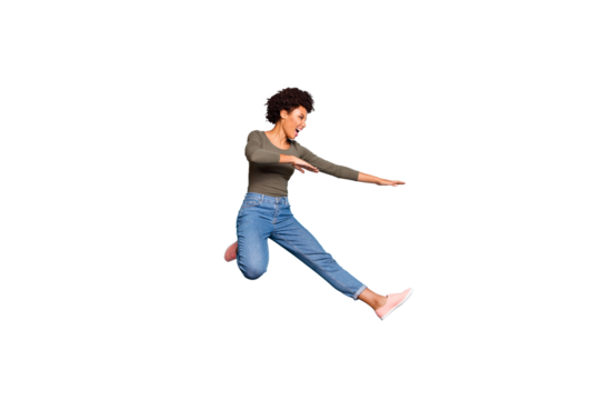 Full length photo of dark skin pretty wavy lady jumping high dancing modern youngster moves wear casual outfit isolated pastel blue color background