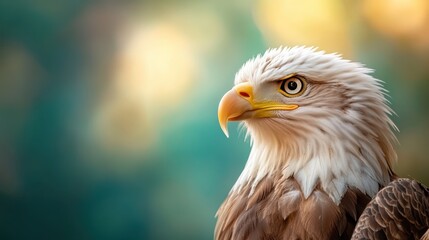 Obraz premium A stunning close-up portrait of a majestic eagle showcases its piercing eyes and powerful beak, captured in a soft-focus background that highlights its grace and strength.