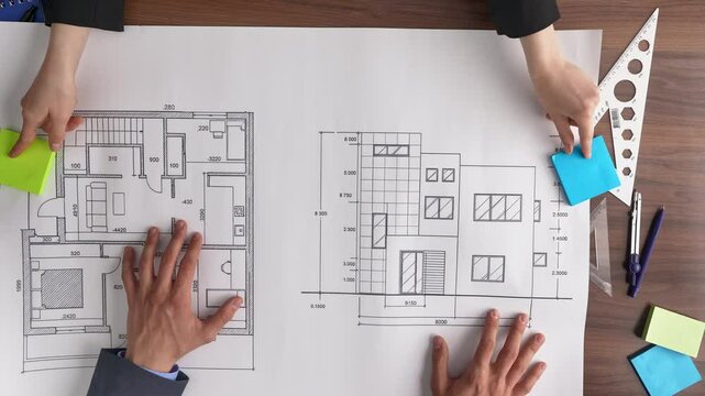 Hands Analyzing Architectural Blueprints in Office Setting