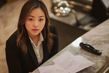 A young Asian woman seated at a hotel reception desk, wearing a black blazer and a light-colored shirt