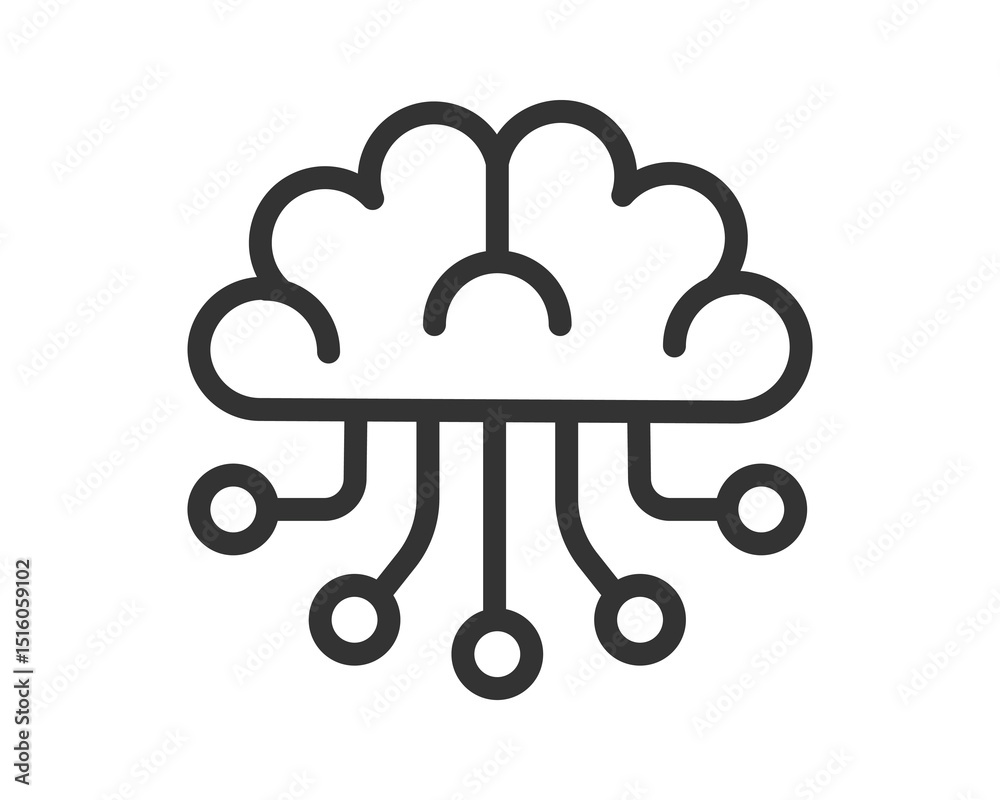 Poster Clean line art icon symbolizing artificial intelligence, combining a brain and cloud computing. Perfect for tech, data science, innovation, and future concepts.