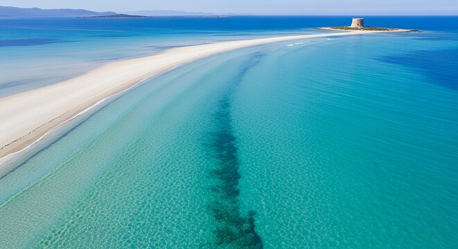 Aerial View of La Pelosa Beach and Tower in Sardinia Italy