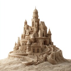 Massive sandcastle, meticulously detailed, resembling a medieval fortress.  A majestic sand creation, grand and imposing