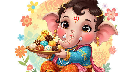 Cute Baby Ganesha Holding Sweets &ndash; Colorful Festival Illustration