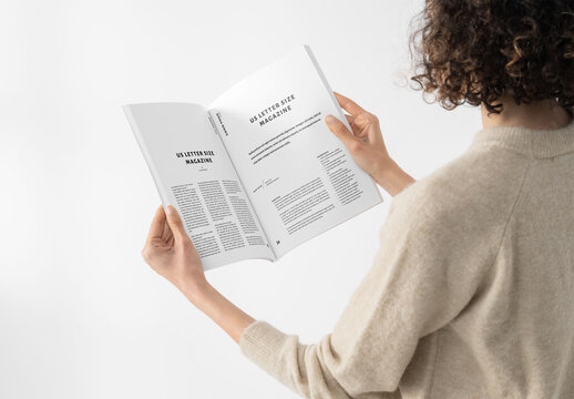 Mockup Of Woman Reading Customized Us Letter Magazine