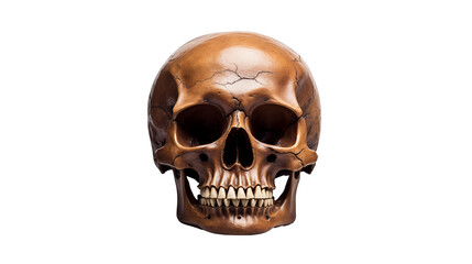 Obraz premium Realistic human skull model, brown medical study, biology education, detailed cranium teeth, antique still life, isolated on transparent background.