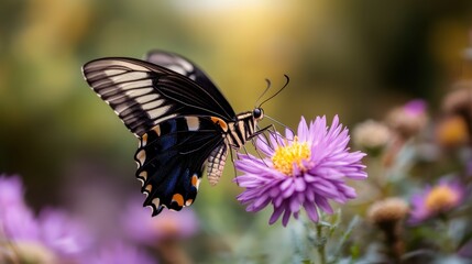 Fototapeta premium A vibrant butterfly gracefully lands on a purple flower, highlighting the beauty of nature and the intricate relationship between flora and fauna in a serene setting.
