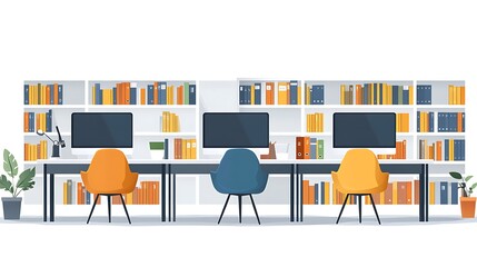 Modern Office Workspace with Desks and Bookshelves