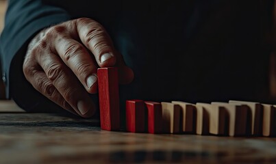 A hand carefully places a red wooden block atop a row of dominoes, creating a rising pattern.  The focus is on the act of building and the contrast between the red and beige blocks