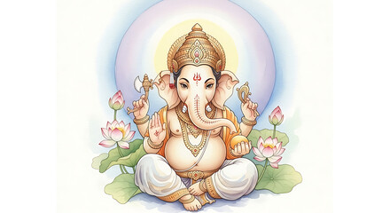 Watercolor Ganesha with Lotus Flowers – Divine Spiritual Art