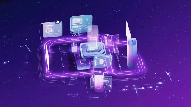 Orbiting holographic screens and data towers connected by flowing neon lines Animate the screens to display flickering data and code