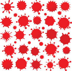 Collection of red ink splatter designs various sizes and shapes for graphic design projects