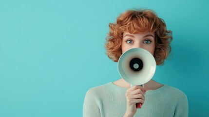 Naklejka premium A curly-haired woman holds a megaphone against a bright blue background, symbolizing communication and expression in a vibrant contemporary setting with playful energy.