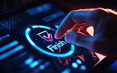A hand interacts with a glowing digital dashboard, selecting the Finish option.  The screen displays complex data visualizations,  highlighting a completion process