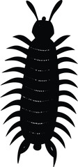 Stylized black silhouette of a centipede with spiked legs and antennae