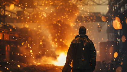 Fototapeta premium silhouettes of metallurgist with fire and sparks background in the black workshop