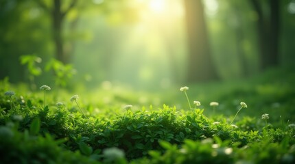 Fototapeta premium Sunny green grass thrives in a vibrant summer meadow, fresh with morning dew