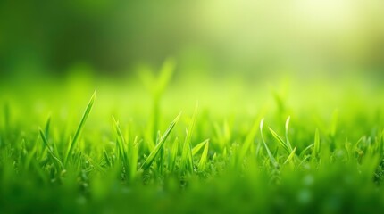 Fototapeta premium Fresh morning dew glistens on vibrant green grass, a natural field scene perfect for spring and summer growth