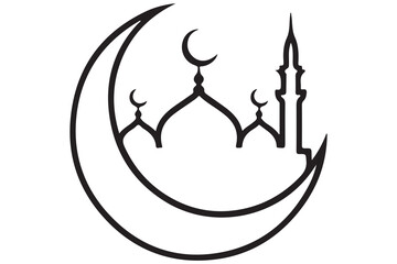 Mosque and crescent moon silhouette on white background
