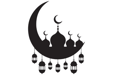Mosque and crescent moon silhouette on white background
