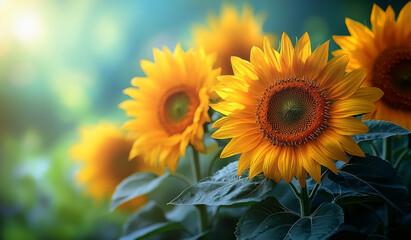 Obraz premium Closeup of blooming sunflowers with vibrant yellow petals and green leaves in soft morning light and blurred background Generative AI