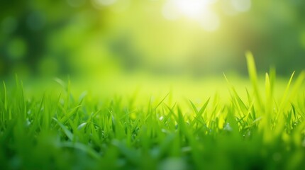 Obraz premium Fresh green grass in a vibrant summer meadow with dew drops reflecting the blue sky