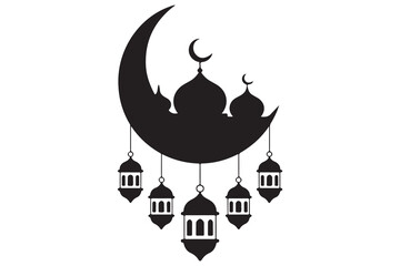 Mosque and crescent moon silhouette on white background
