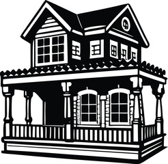 Black and white illustration of a two story house with a large front porch and detailed architectural features