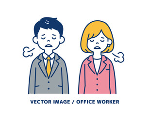 疲れて溜息をつく、ビジネスマンのシンプルなベクターイラスト素材＿男女セット